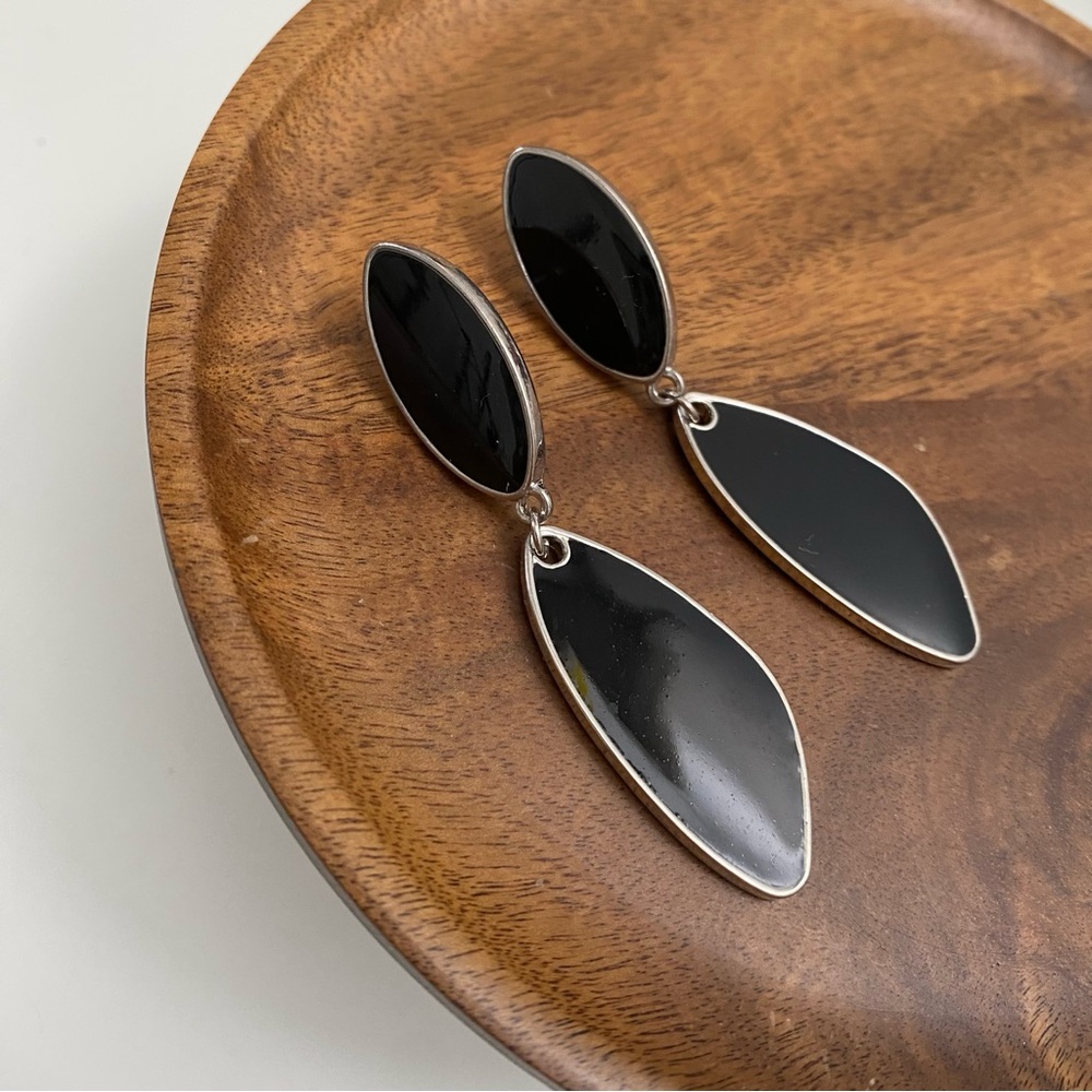 Enamel Polished Silver Black Marquise Triangle Shaped Statement Drop Earrings